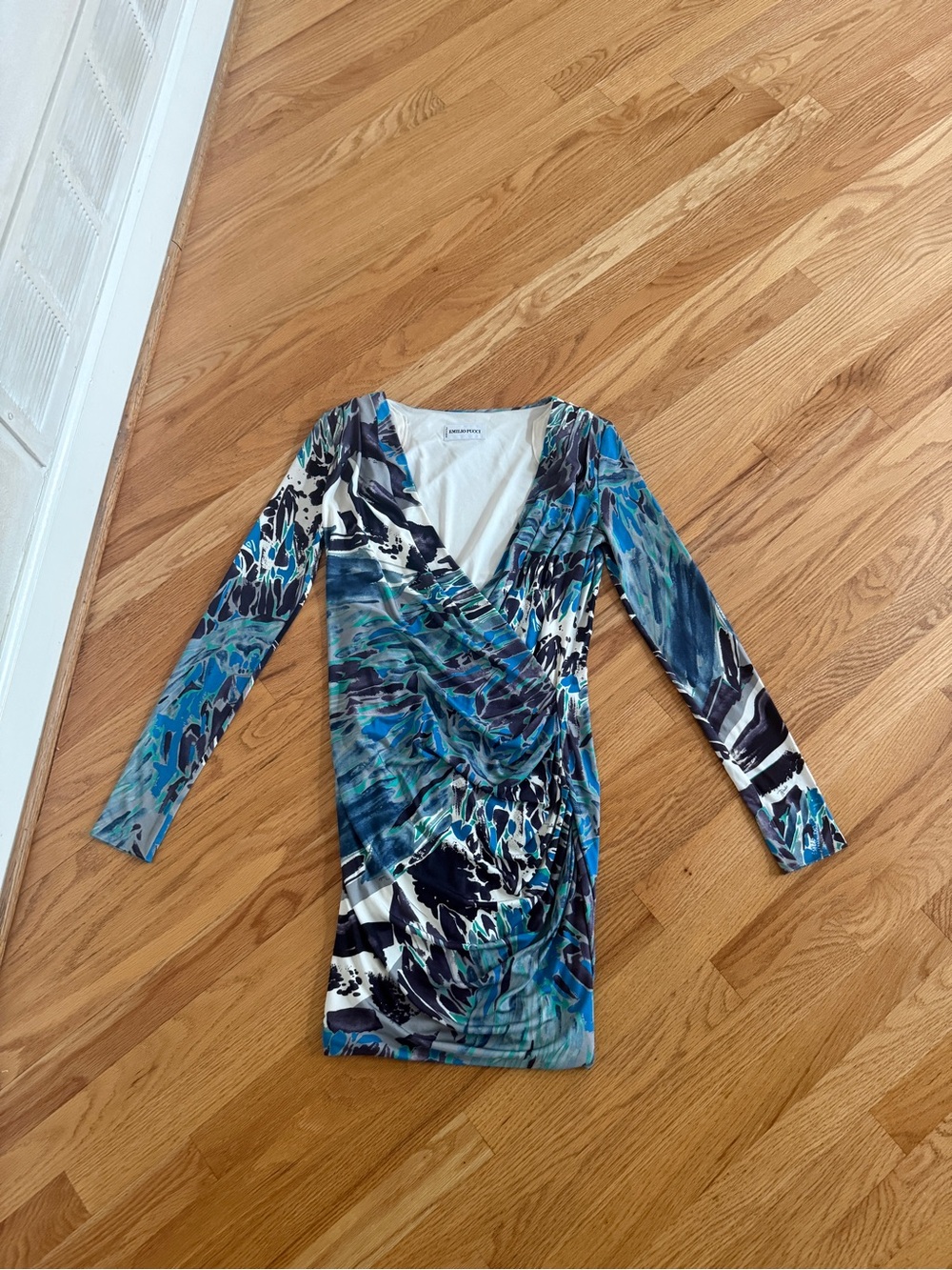 Emilio Pucci midi dress long sleeve blue green patterned dress size 6 100% silk